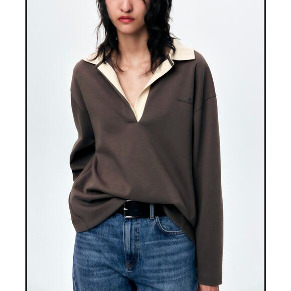 Zara Tops - Zara Brown & Cream Polo Shirt Women's Small Oversized Cotton Contrast Collar‎